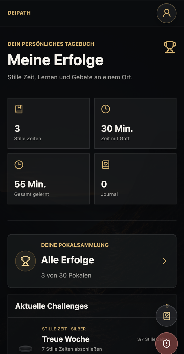 Erfolge-Ansicht mit Statistiken, Pokalsammlung und Challenges